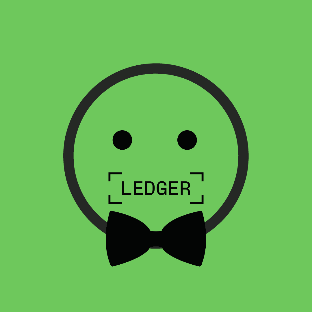 Green background with a smily face with the mouth as the Ledger logo and a black bow tie