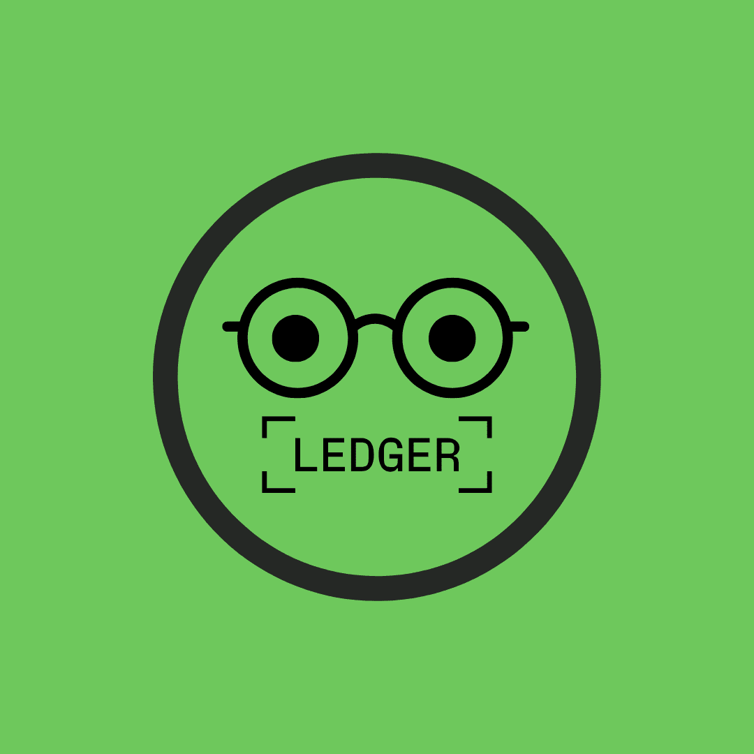 Green background with a smily face with the mouth as the Ledger logo 