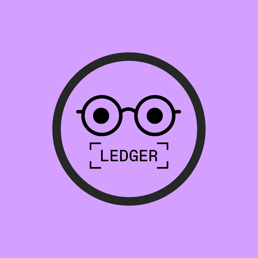 Purple background with a smily face with the mouth as the Ledger logo 