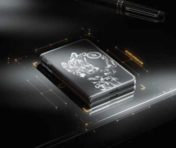 Ledger signer with ornate etched back panel, glowing gold grid lines, and a stylus pen.