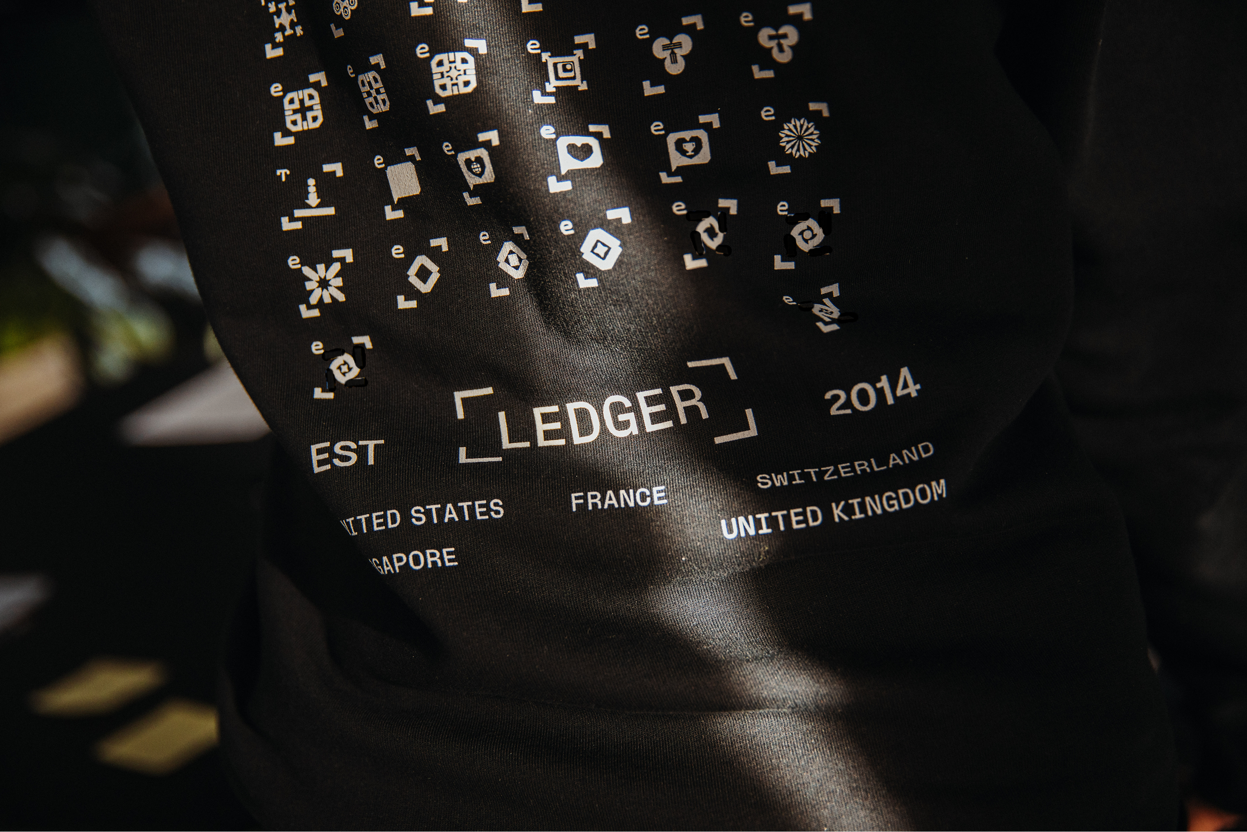 Close up of hoodie with ledger est 2014 united states, singapore, france switzerland and united kingdom plus icons